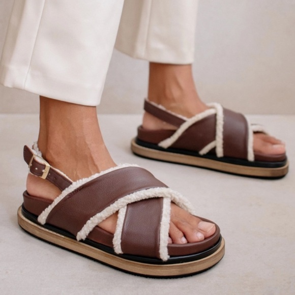Alohas Marshmallow Brown Leather Sherling Sandals - Picture 7 of 8